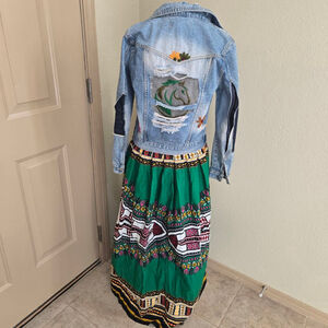 Custom made One Fine Day Boutique Blue Jean Jacket with Green Horse Embroidery S